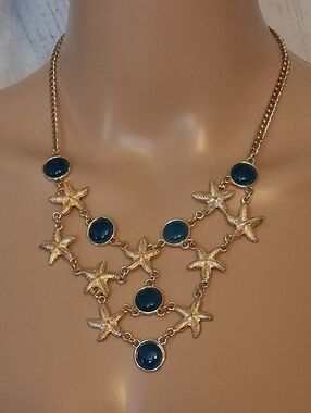 Goldtone Starfish Necklace with Dark Teal Stones - Women Jewelry